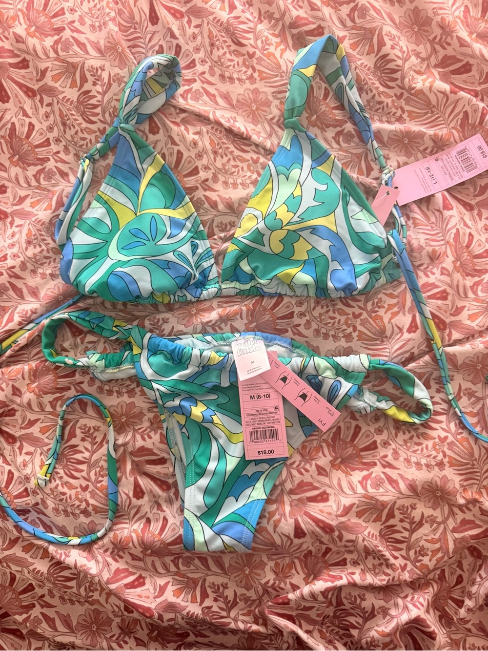 Y2K 2 piece retro String Bikini set  Large top Medium Adjustable bottom NWT